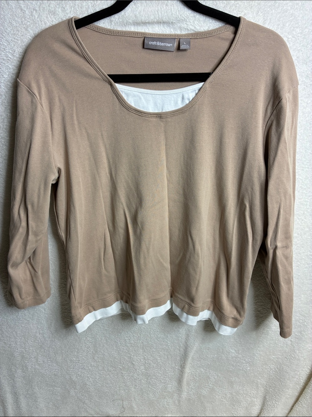 croft & barrow Taupe Long-Sleeve Layered-Look Top with White Hem